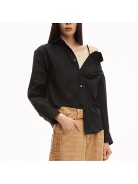 OAK + FORT Black Asymmetrical Button-Up Wrap Blouse | Size S